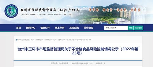 浙江省玉環(huán)市市場(chǎng)監(jiān)管局公示不合格食品風(fēng)險(xiǎn)控制情況 2022年第23號(hào)